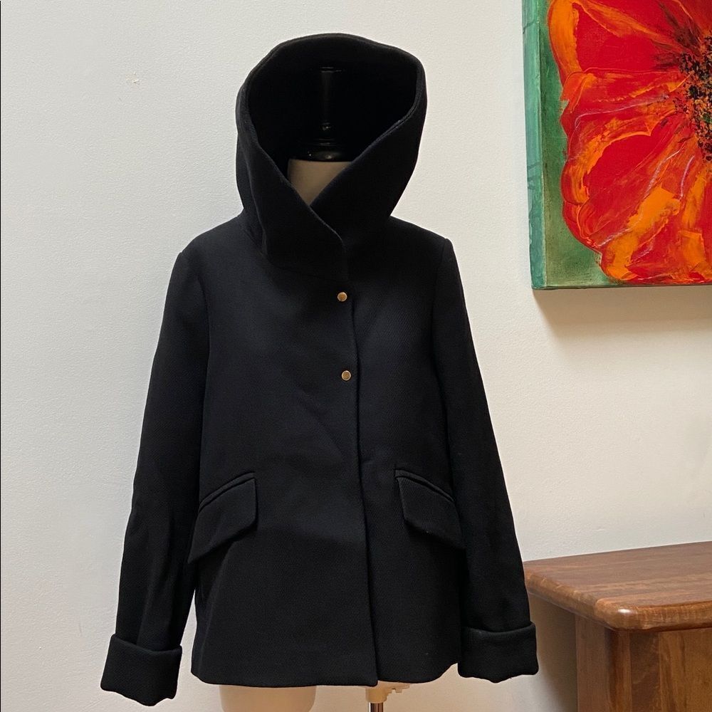 Zara Black Hooded Wool-Blend Coat